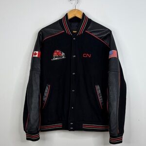 Vintage Varsity Jacket Men Large Black Wool Leather Red CN Rail Train US Canada